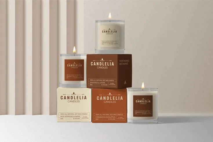 Candle and fragrance labels with warning labels and gift boxes