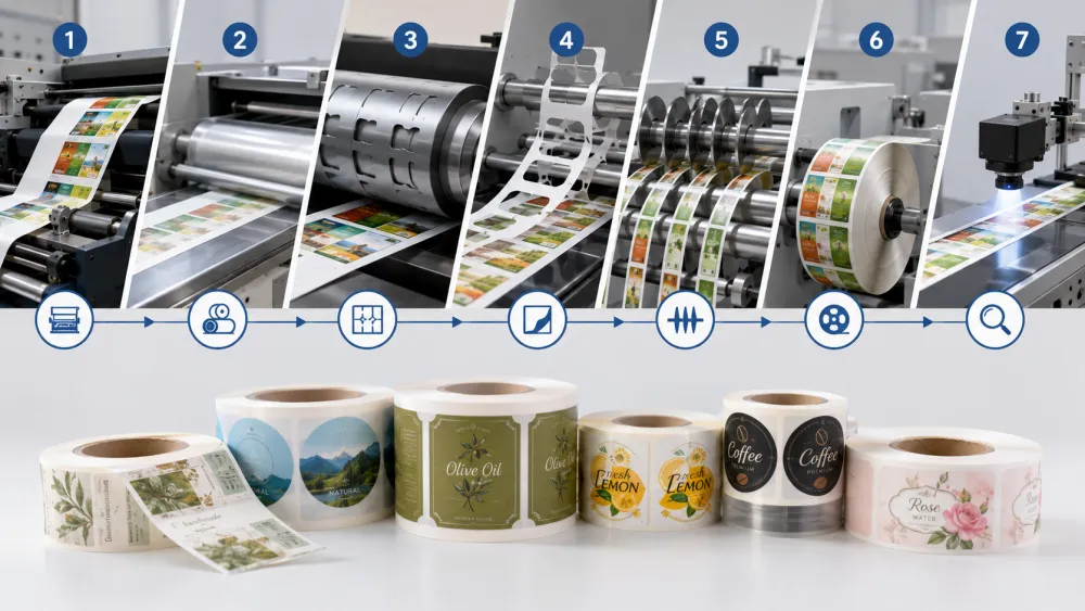 Die cutting process for custom label shapes and roll label converting
