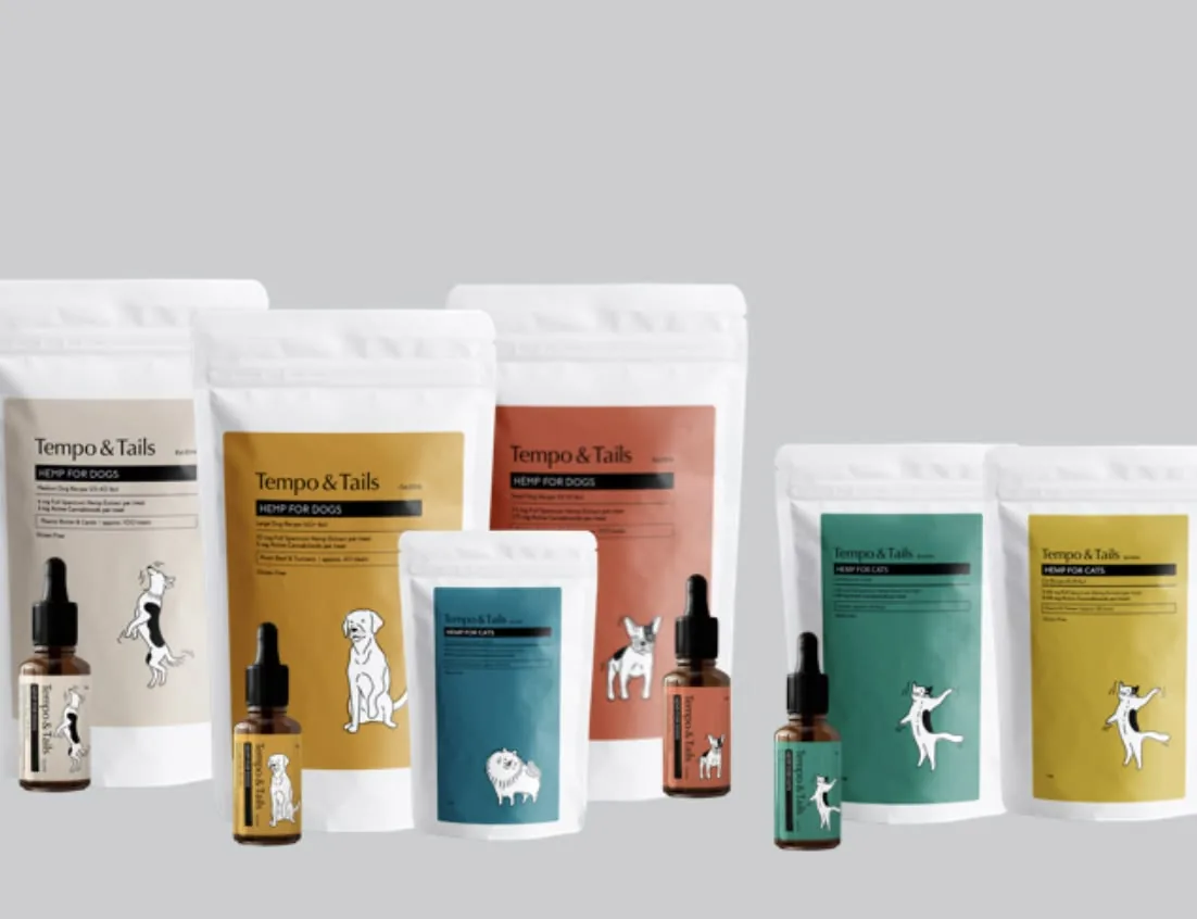 Pet product labels for food treats supplements and care packaging