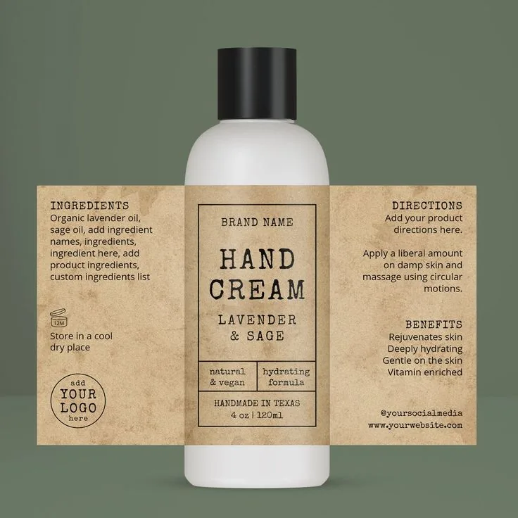 Custom body lotion and hand care bottle labels with front and back product information