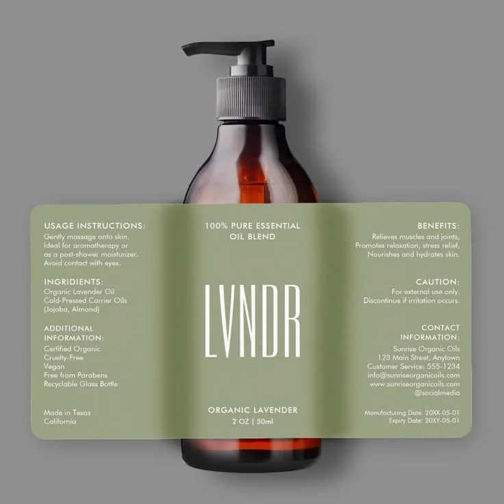 Custom body wash and liquid soap pump bottle labels with wraparound artwork