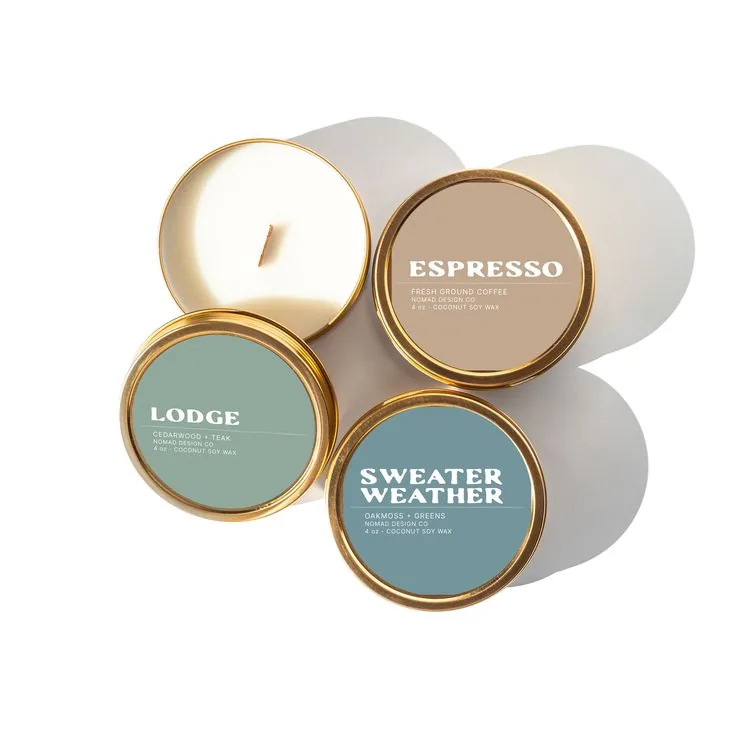 Custom candle jar and tin labels for scented candle product lines