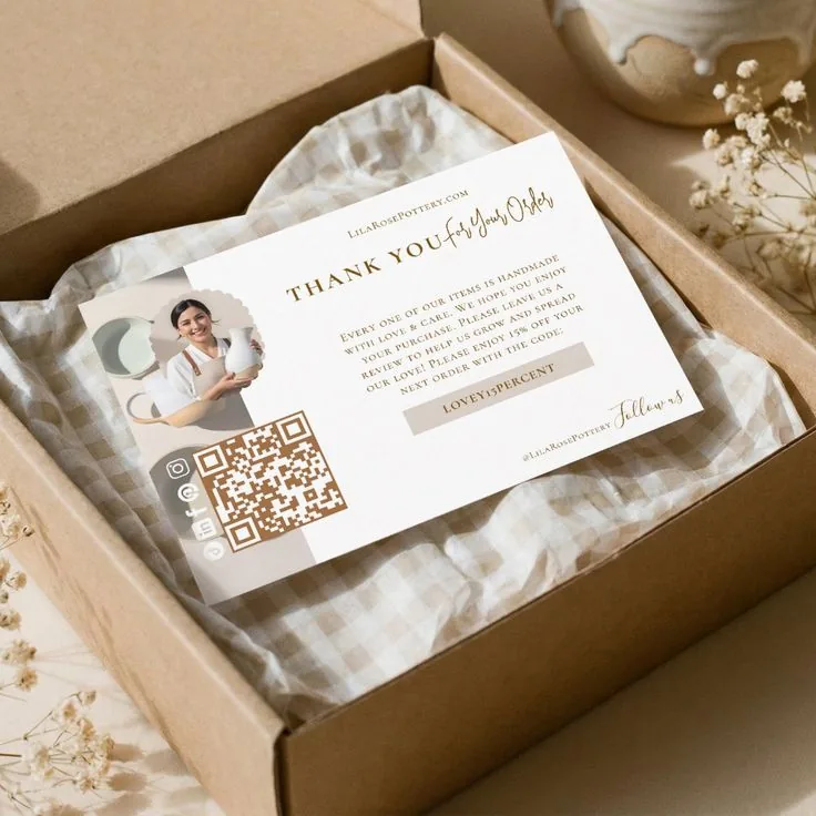 Custom instruction thank-you and product information cards for boxed product packaging
