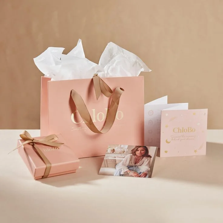 Custom paper bags and gift packaging set for retail product presentation