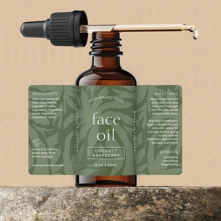Custom serum facial oil and dropper bottle labels for skincare product lines