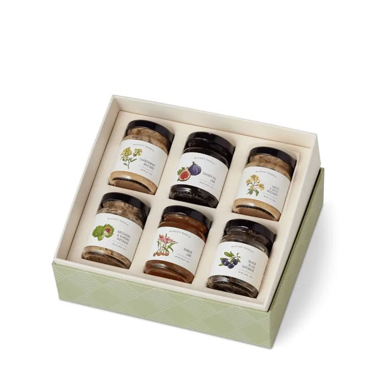 Custom specialty food and gift set labels with coordinated retail packaging