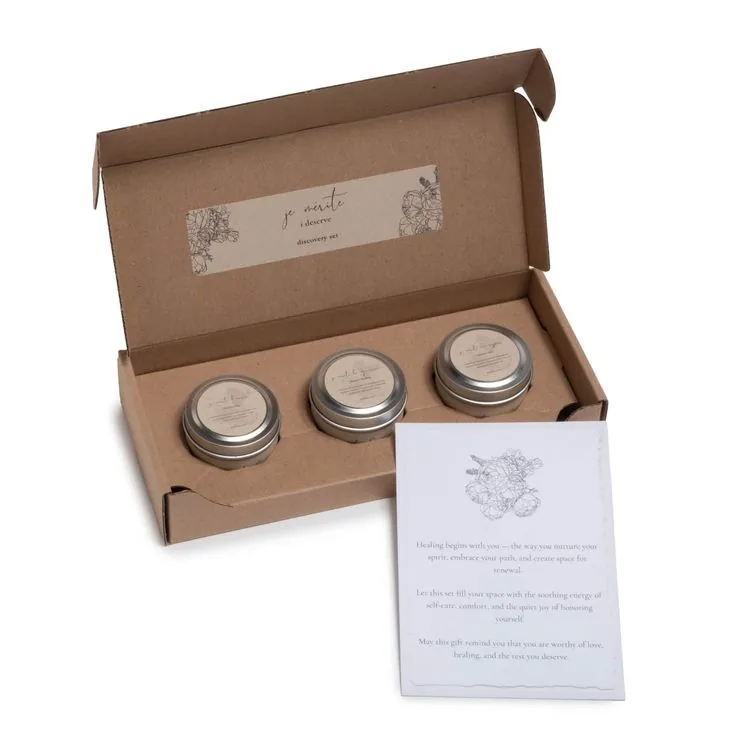 Custom wax melt and candle set labels with coordinated box and card packaging