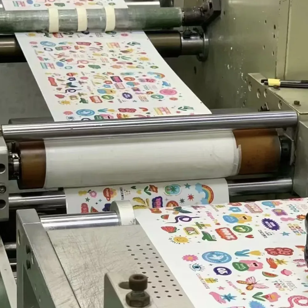 Roll label printing machine producing custom sticker sheets for packaging requirement review