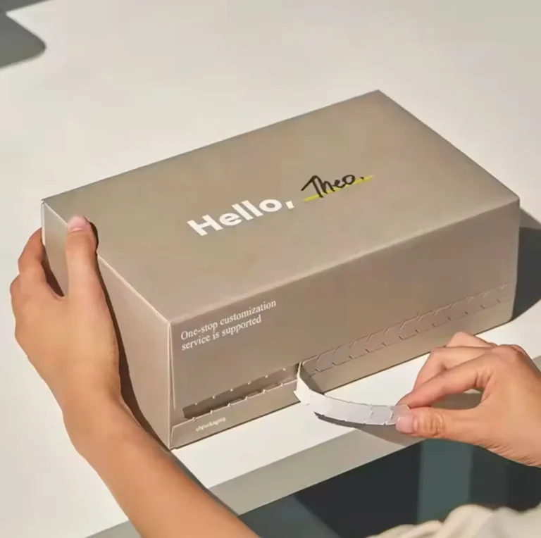 Custom folding carton box with printed branding and tear-strip opening detail