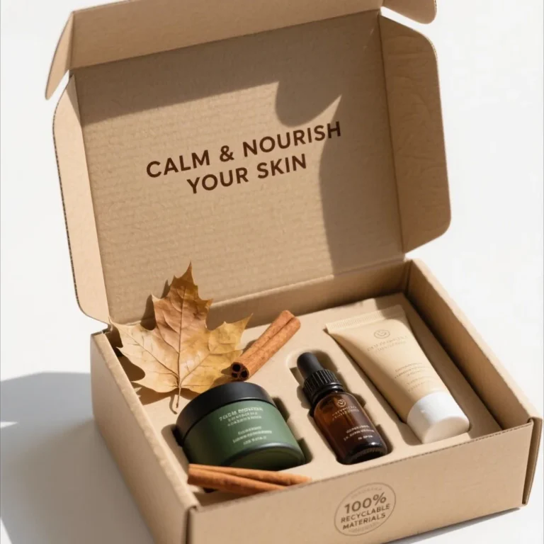 Gift and retail packaging set with product labels, paper box insert and branded presentation