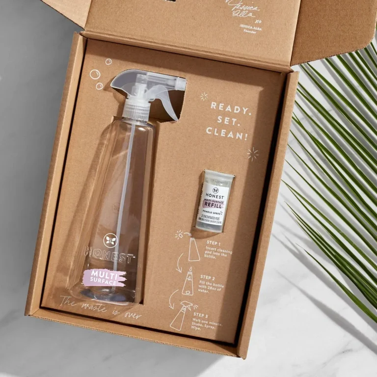 Home care refill packaging kit with spray bottle label and printed paperboard insert