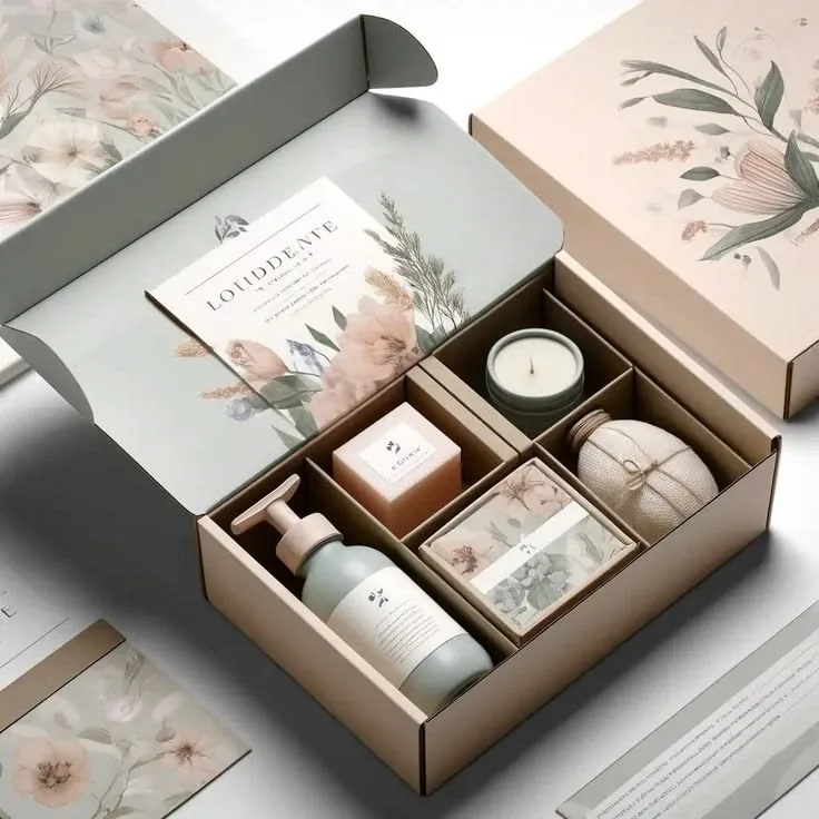 Packaging set with paperboard box, product labels and inserts for material and finish review