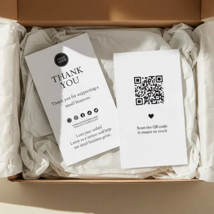 Paper insert cards with QR code and thank-you message for branded product packaging