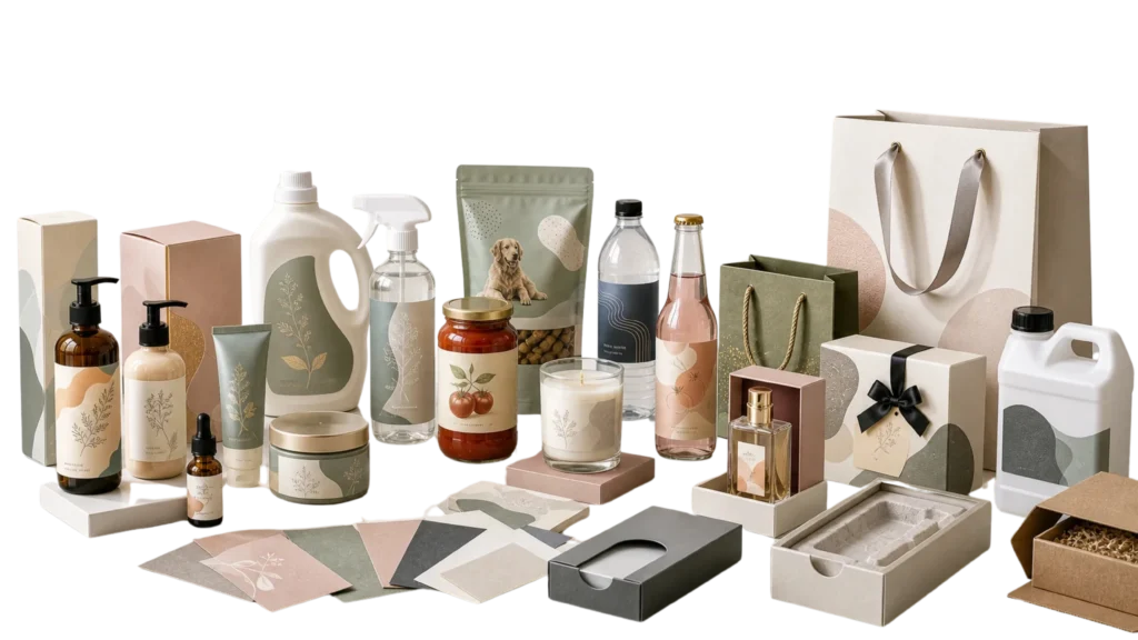 TC Pack custom product labels and paper packaging set overview