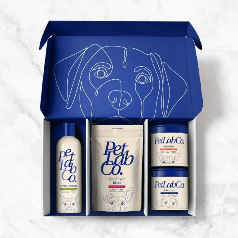 Pet product packaging set with bottle label, pouch label and paperboard box dividers