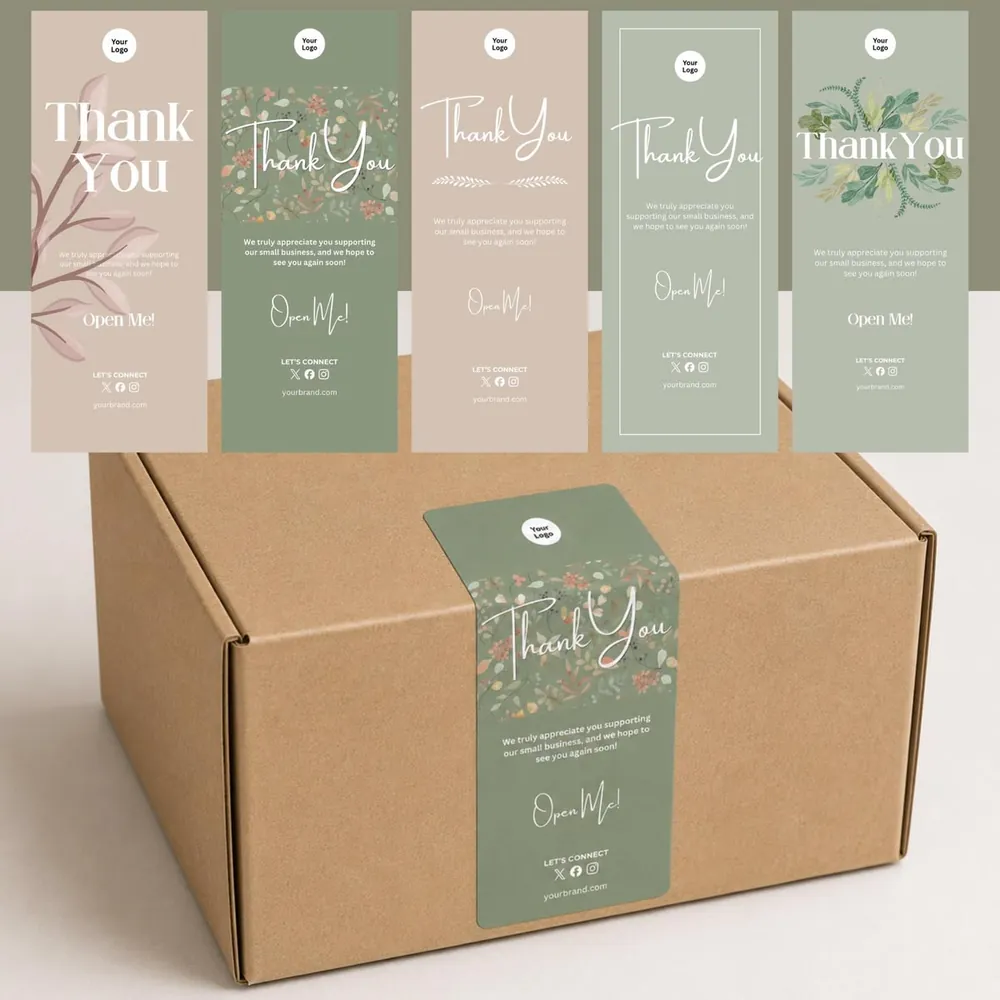 Retail packaging labels coordinated with paper boxes and insert cards